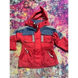 Boy's Osh Kosh Red Blue & Gray Hidden Hooded Light Weight Jacket Size 3T